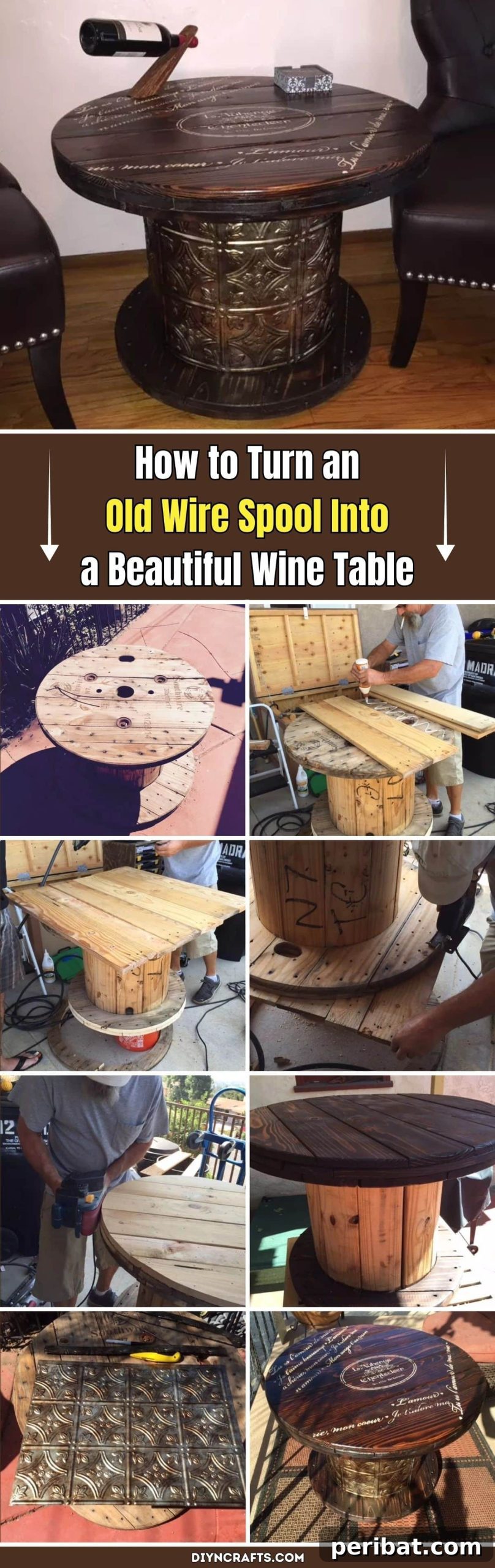 How to Turn an Old Wire Spool Into a Beautiful Wine Table - A repurposed wooden cable spool transformed into a rustic chic wine table, complete with a smooth finish and space for bottles, perfect for indoor or outdoor use.