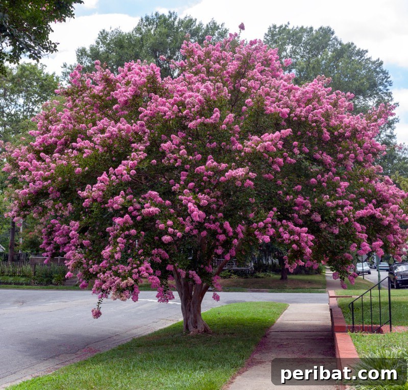 Crape Myrtle tree with ruffled purple and pink flowers in summer.
