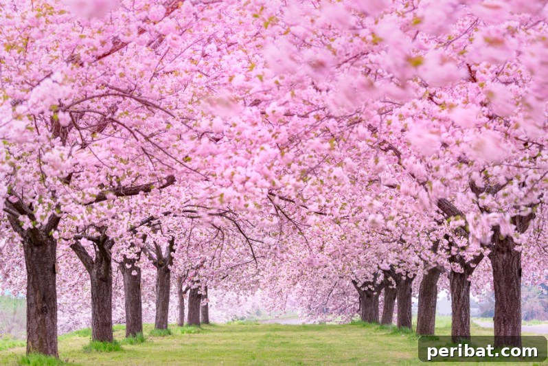 Flowering Cherry tree adorned with delicate pale pink blossoms.