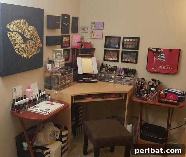 The Ultimate Command Strip Guide 75 Ingenious Uses and Application Tips 9 Makeup palettes neatly arranged on a wall as decorative art.