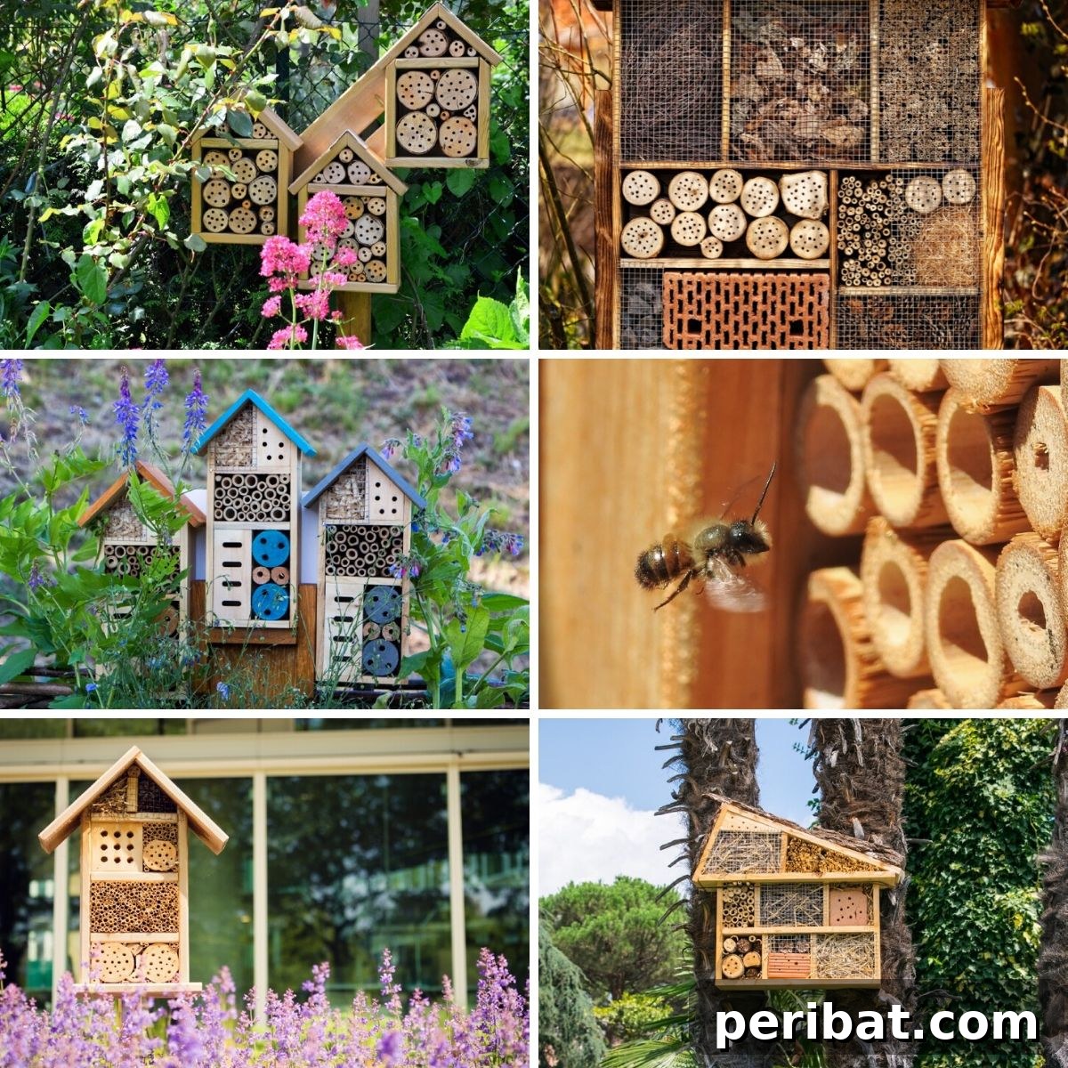 Collage photo featuring bee hotels.