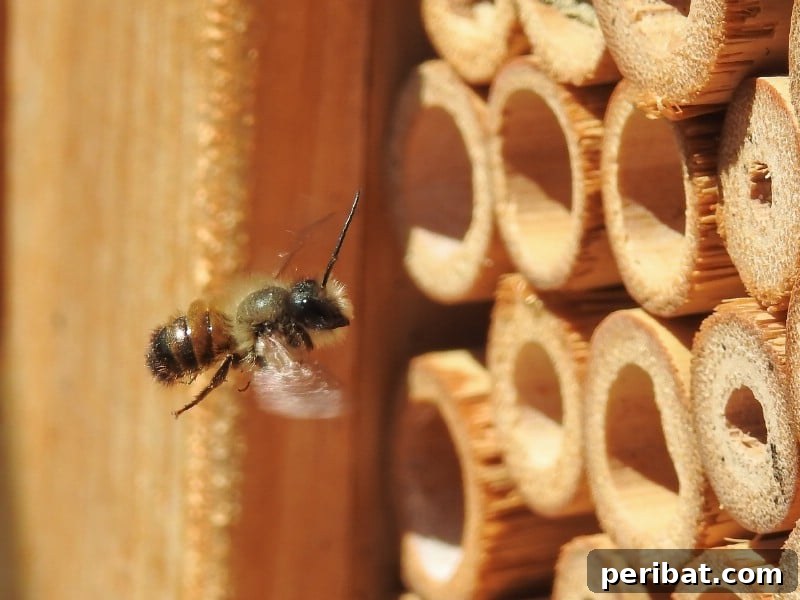 Bee approaching a bee hotel.