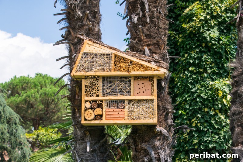 Multiple roomed bee hotel hung on a tree.