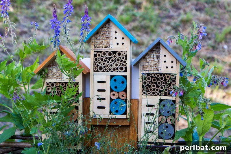 Colorful blue bee hotels.