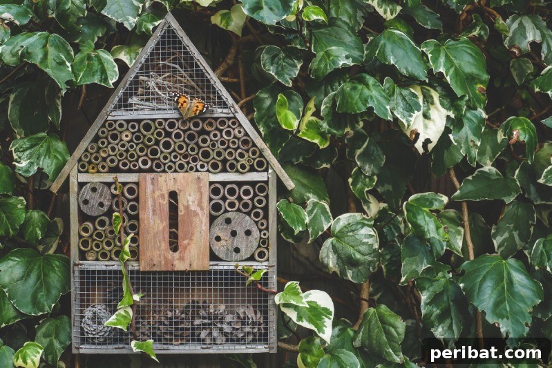 Bee hotel hung on a wall covered with green leaves.