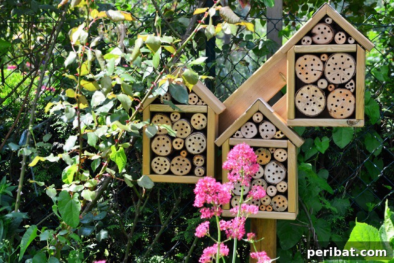 Simple drilled log bee hotels in the garden