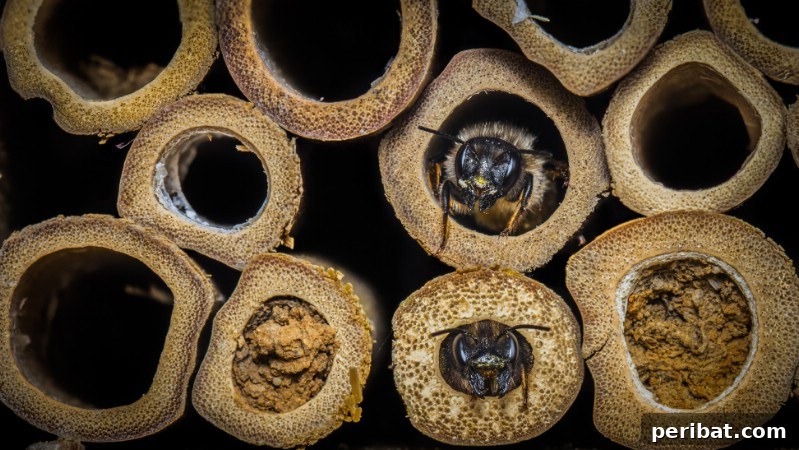 Close up show of bees in bee hotel