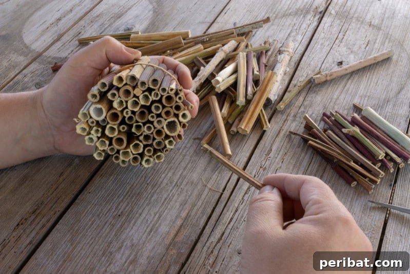 Building bamboo rooms for the bee hotel.