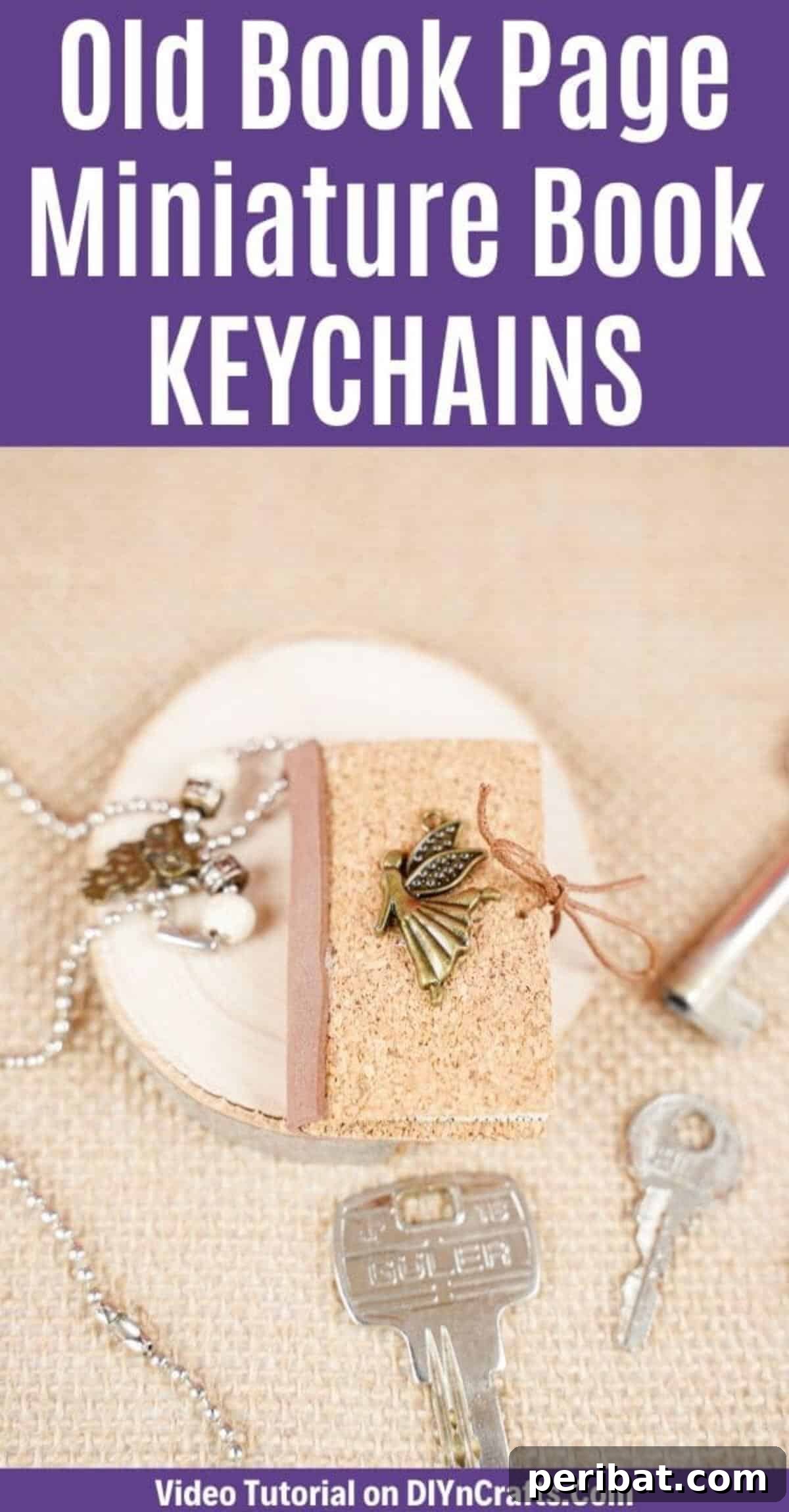 Mini book keychain on burlap surface