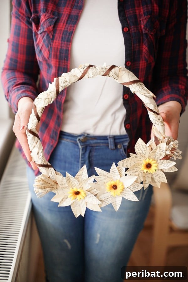 Wrapped paper wreath made from old book pages, adorned with sunflowers