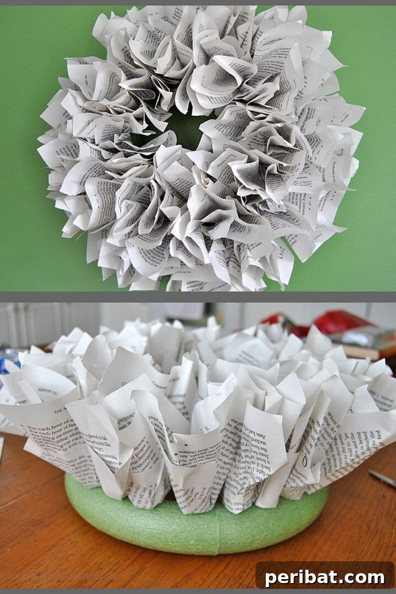 Textured crumpled paper wreath made from old book pages
