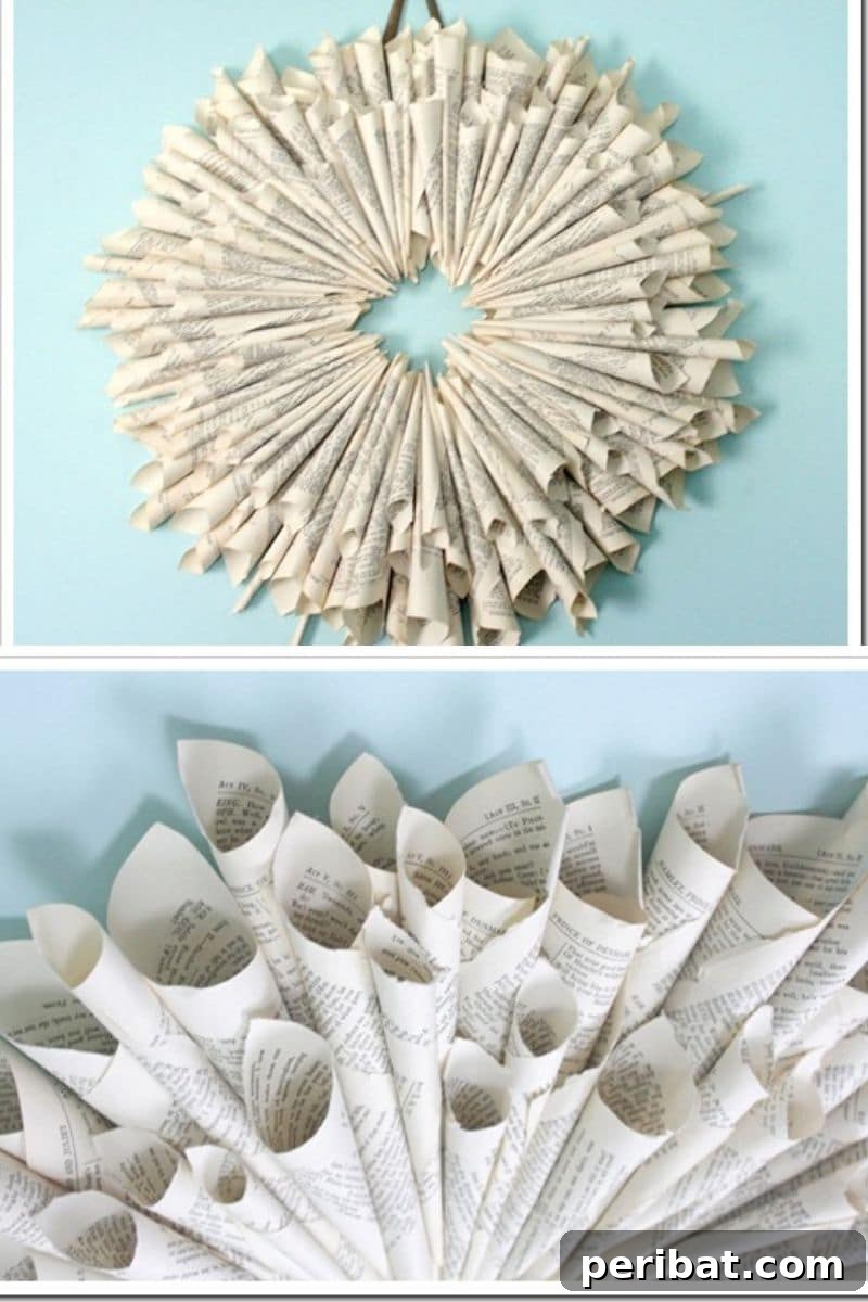 Pointed rolled paper cone wreath made from vintage book pages