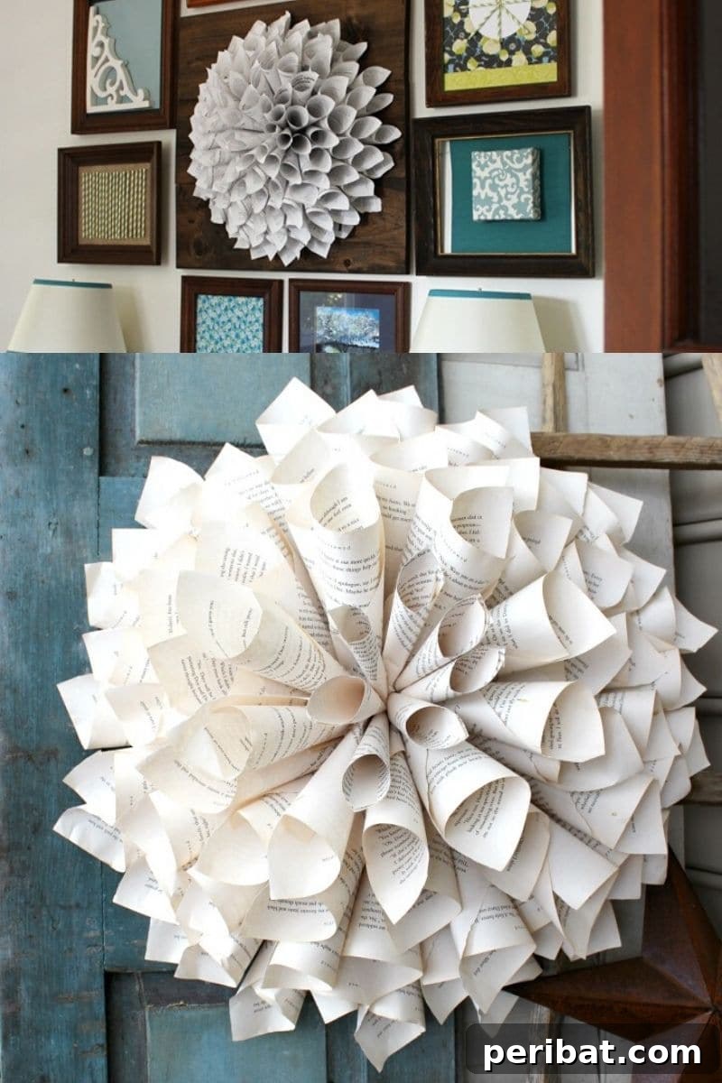 Dahlia-inspired paper flower wreath made from book pages on a wall