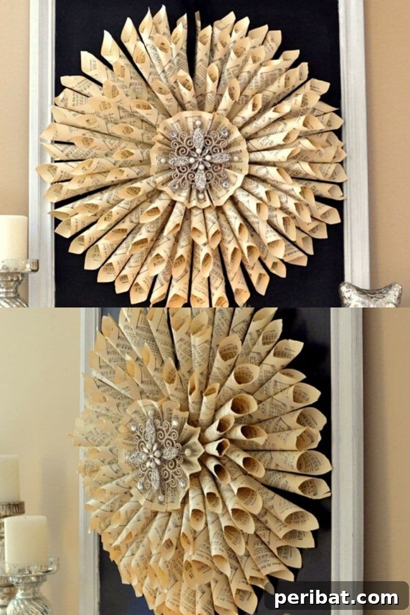 Vintage music page paper cone wreath with festive accents