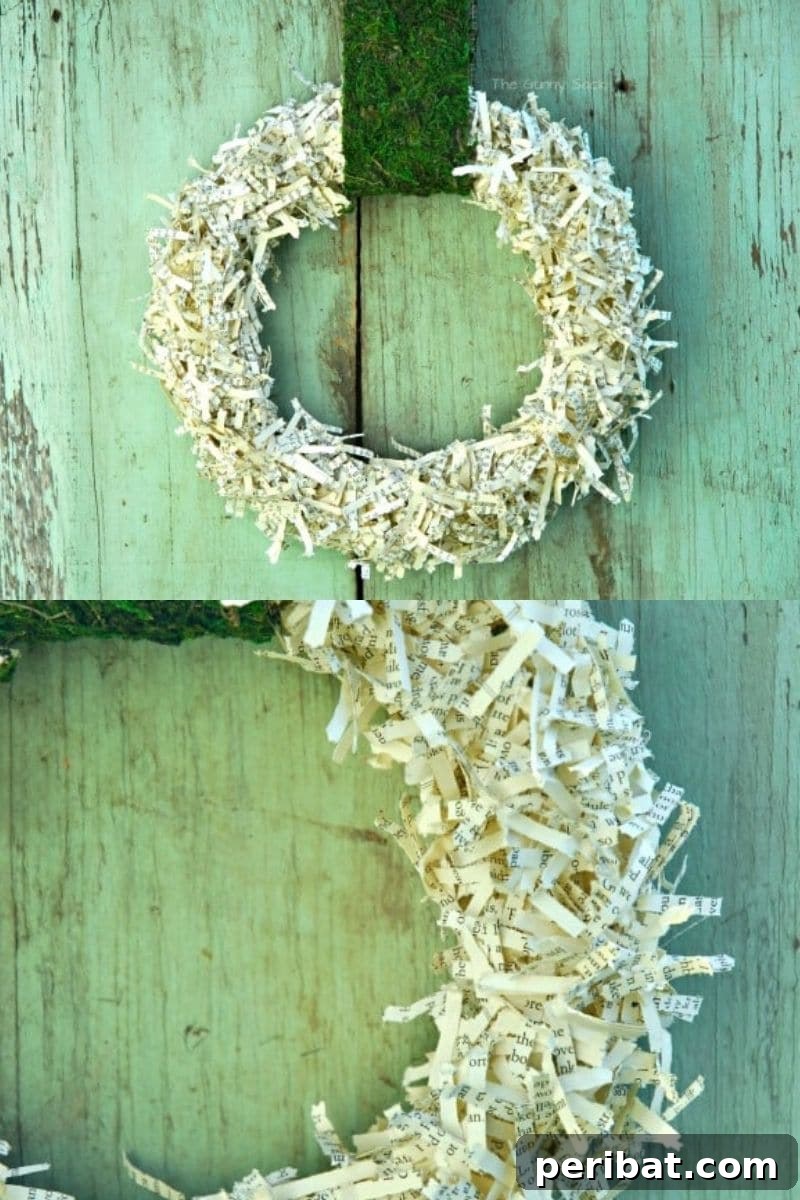 Textured shredded paper wreath made from old book pages