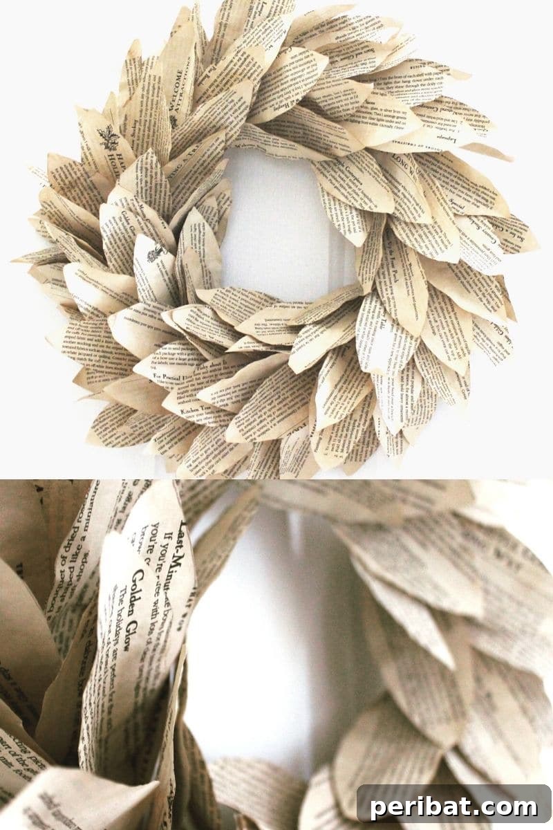 Elegant book page magnolia wreath with delicate paper leaves