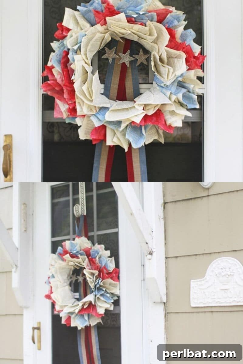 Vibrant patriotic wreath made from vintage book pages in red, white, and blue
