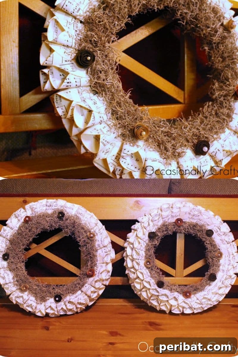 Rustic sheet music wreath adorned with moss and faux flowers