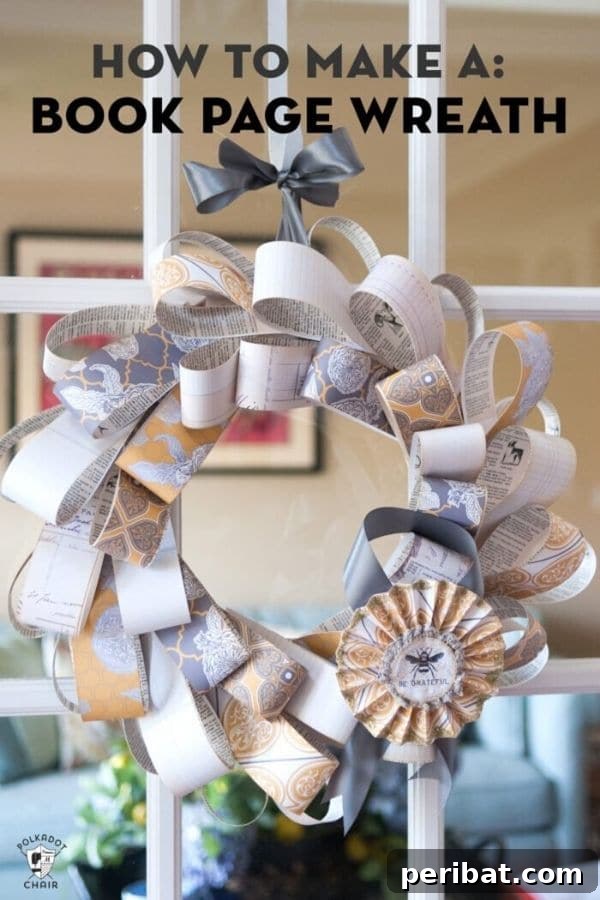 Grateful wreath tutorial combining book pages and craft paper on a window