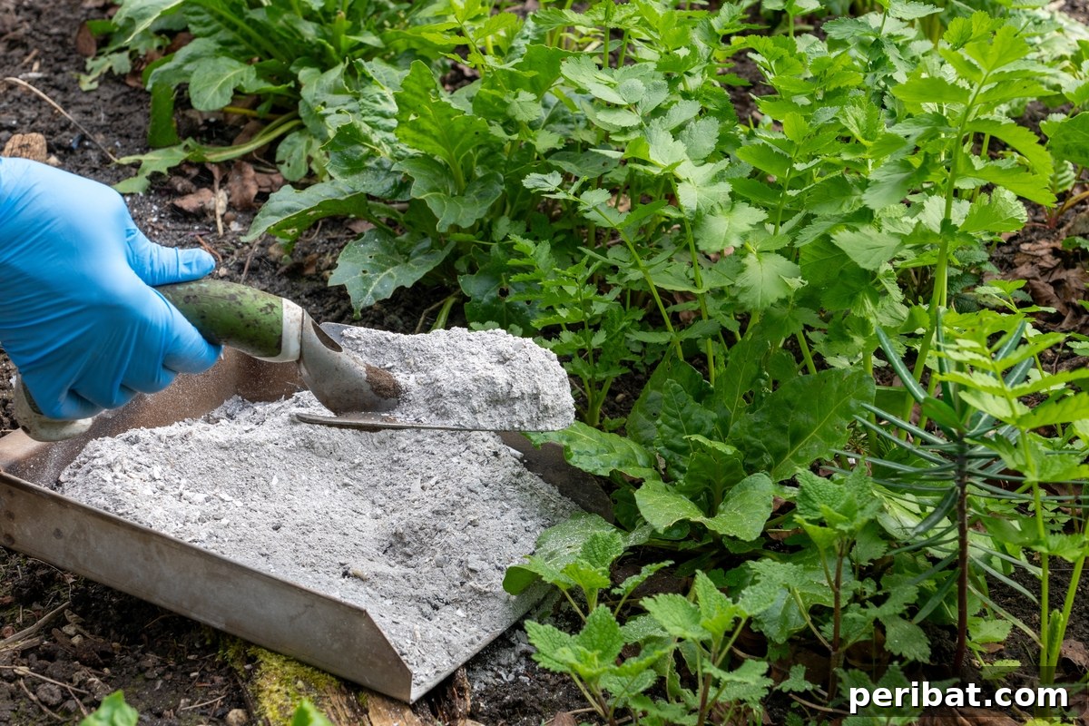 Adding wood ash in the garden.