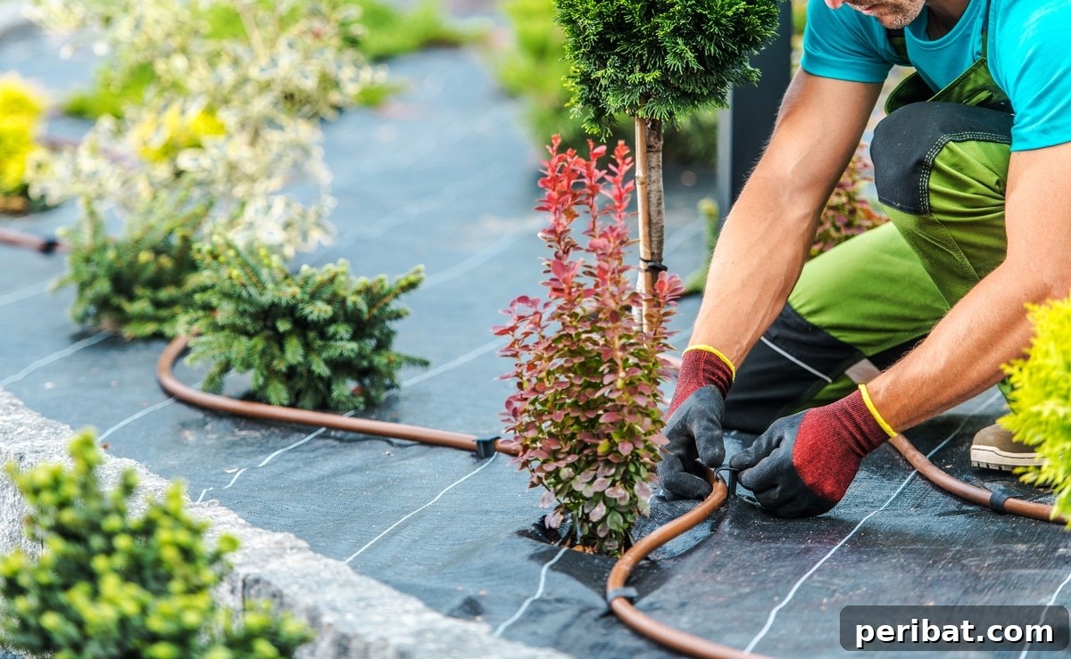 A man is instaling a drip irrigation system in the garden.