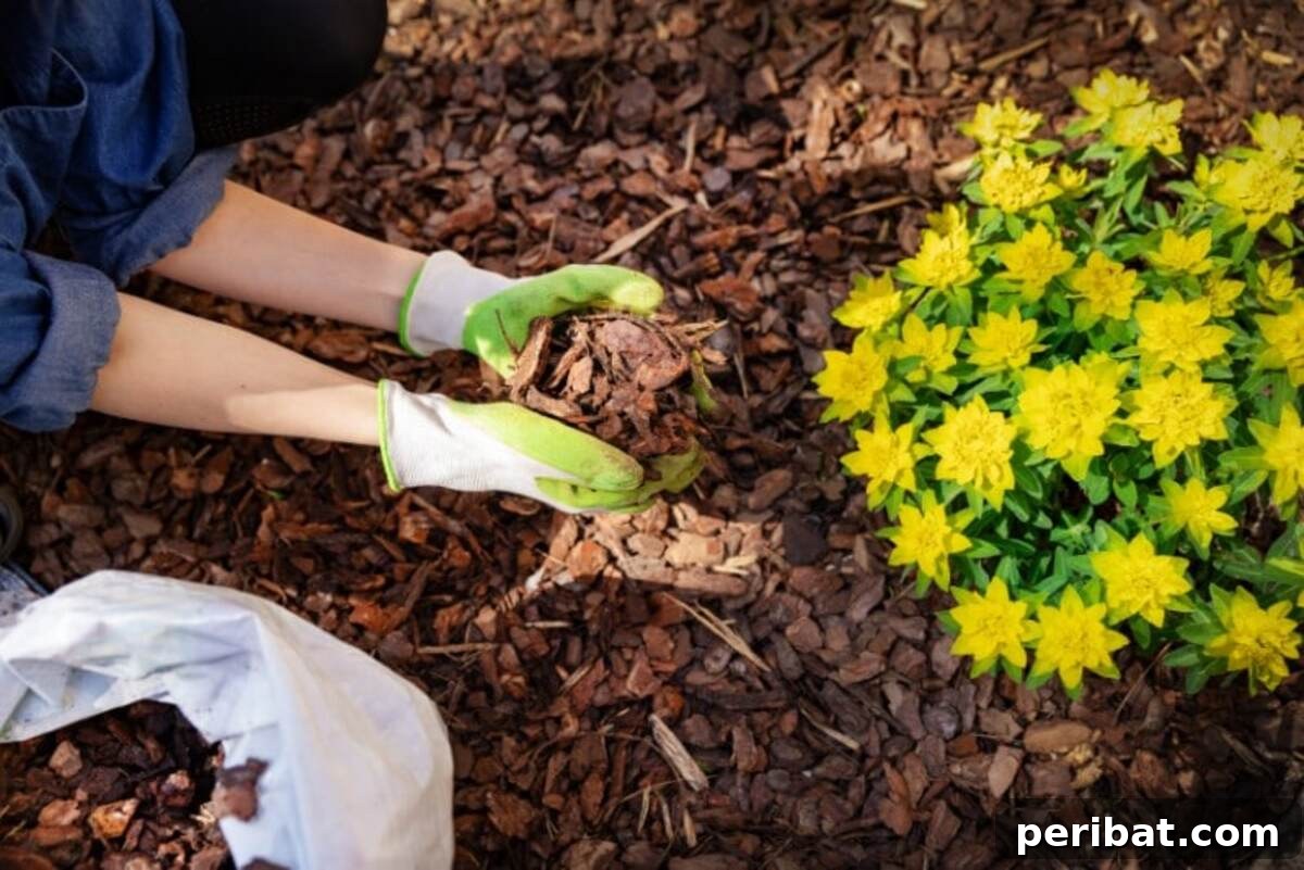 Gardener adding mulch to freshly planted flowers