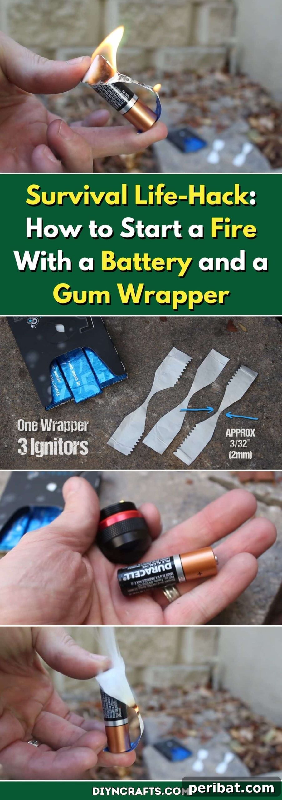 Survival Life-Hack: How to Start a Fire With a Battery and a Gum Wrapper pinterest image