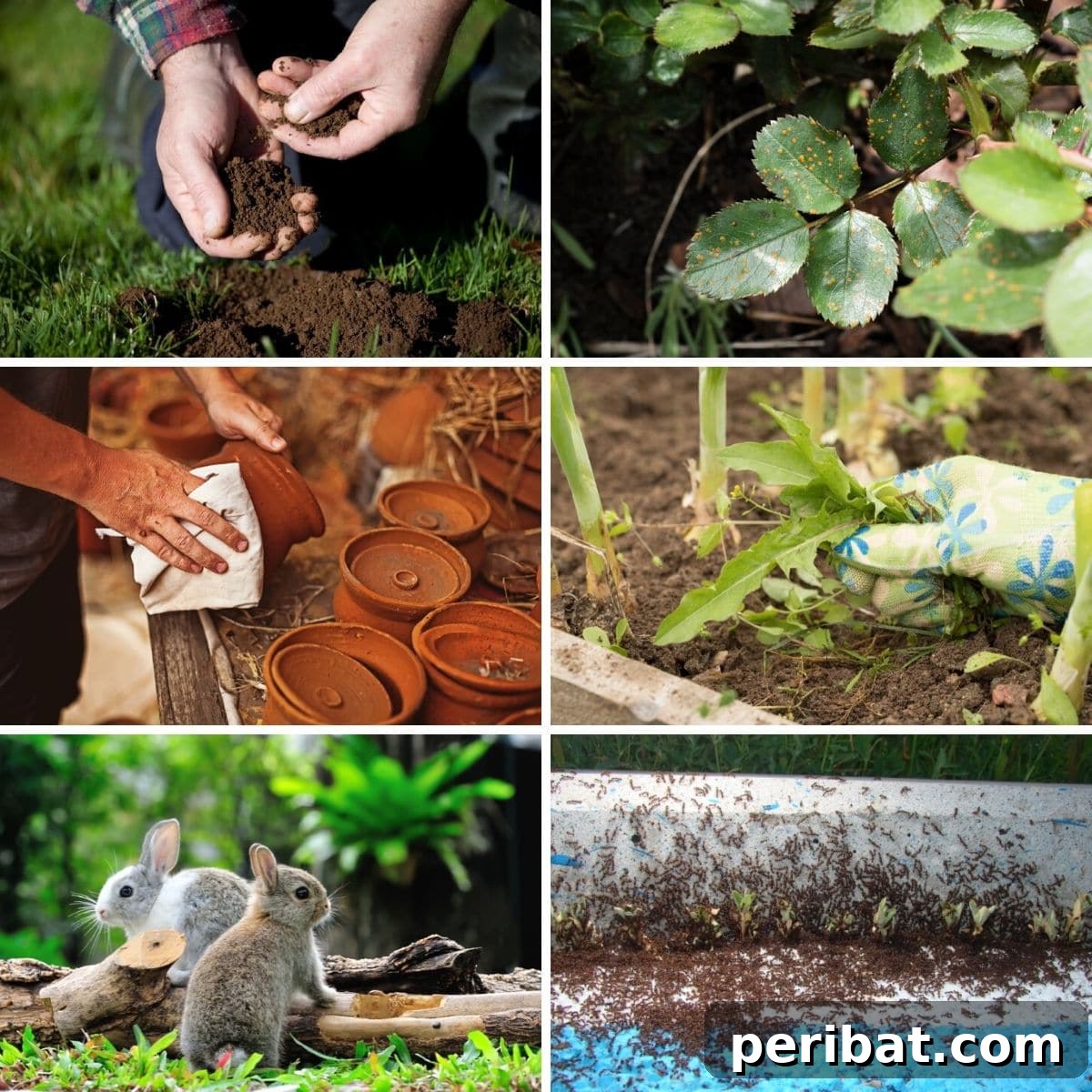 Photo collage featuring various vinegar uses in the garden: deterring pests, cleaning tools, feeding plants, and more.