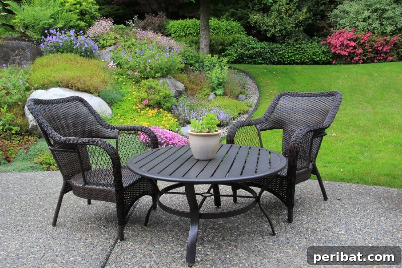 A person cleaning garden furniture outdoors with a spray bottle and cloth, using a vinegar solution.
