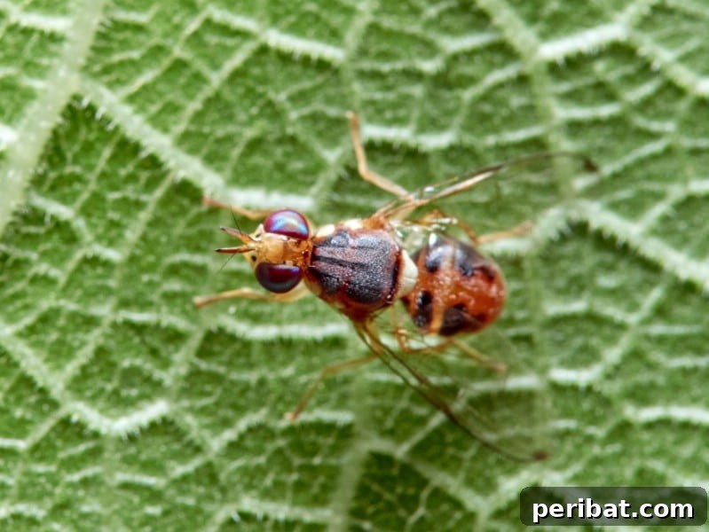 A close-up image of a fruit fly resting on a plant leaf, a common pest for fruit trees.
