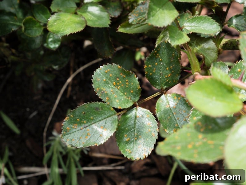 Close-up of a rose leaf heavily affected by fungal disease, likely powdery mildew.