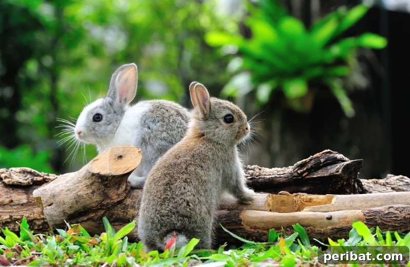 Two rabbits in a lush green garden, potentially nibbling on plants.