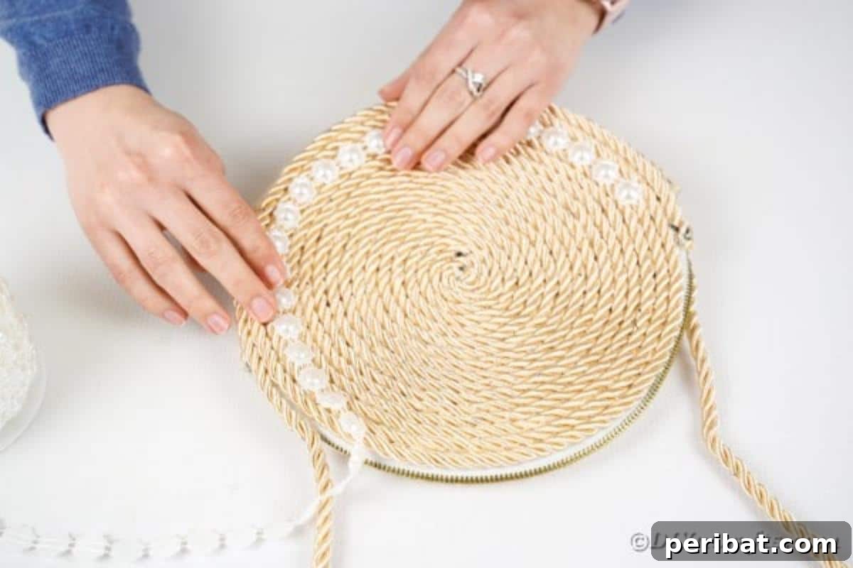 Effortless Chic DIY Rope Bag Tutorial 19 Gluing a decorative beaded ribbon around the outside edge of the rope purse