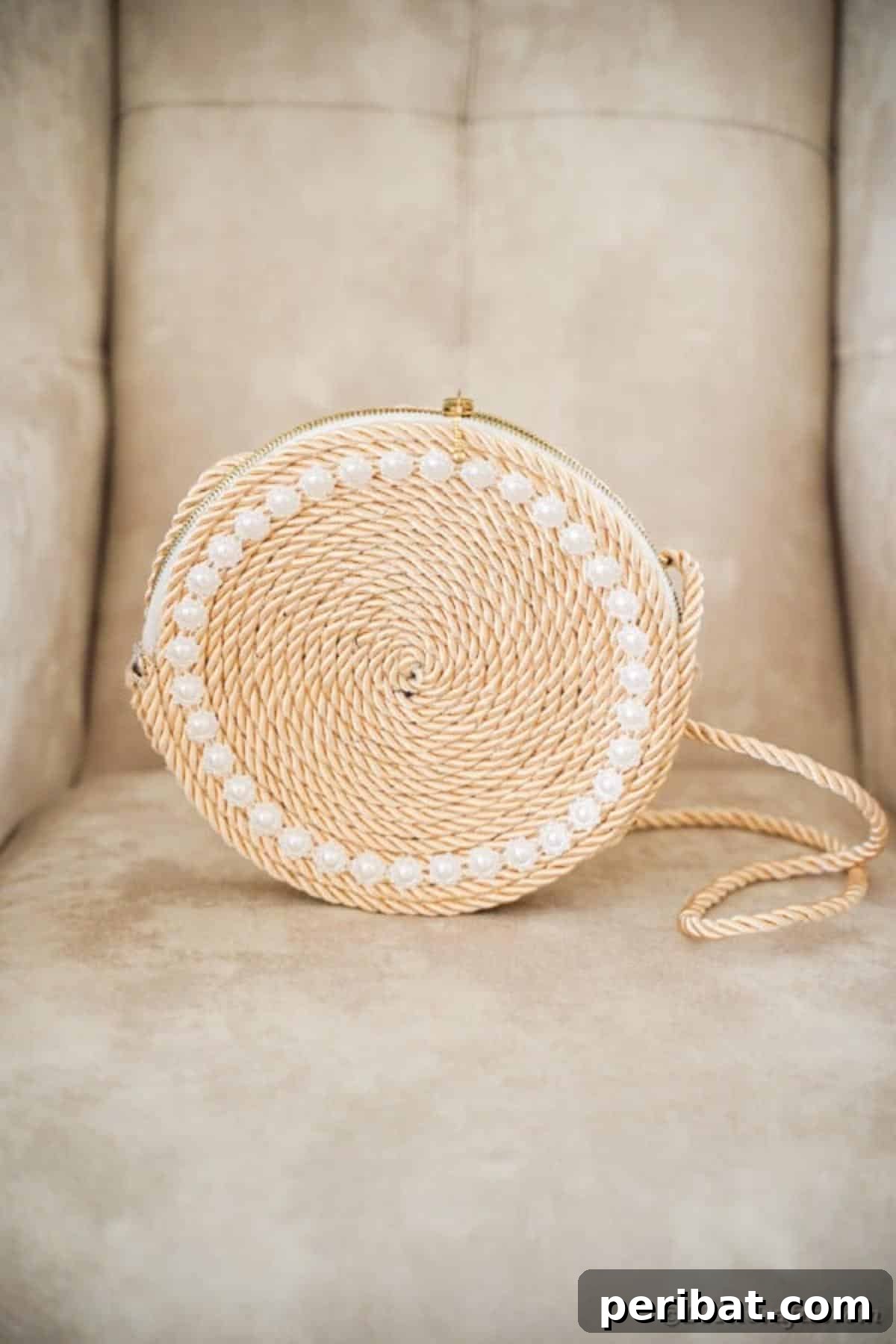 Effortless Chic DIY Rope Bag Tutorial 5 Close-up of a finished rope purse on a textured tan chair