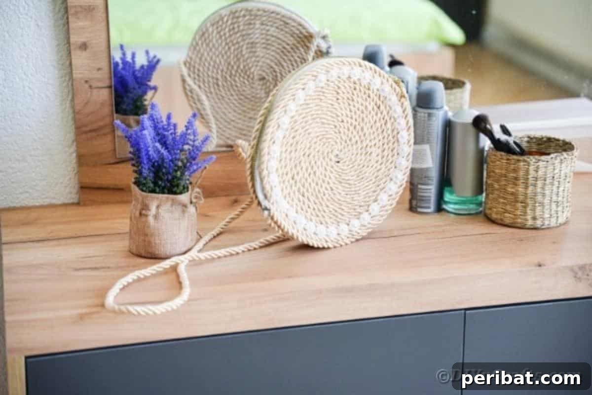 Effortless Chic DIY Rope Bag Tutorial 7 Rope purse styled beautifully on a vanity with other accessories