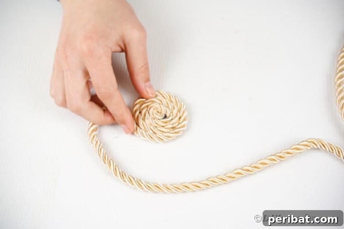 Effortless Chic DIY Rope Bag Tutorial 10 Progress of gluing rope in an expanding spiral pattern