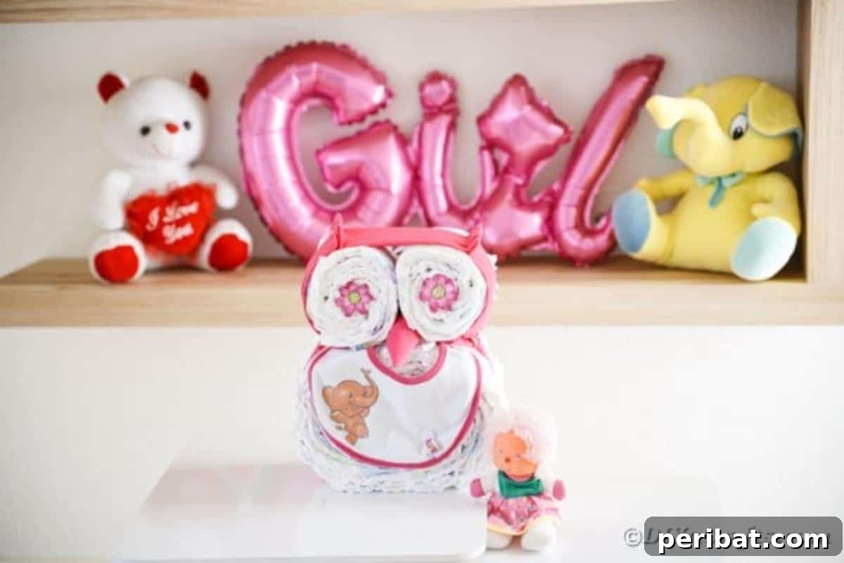 Owl diaper cake on table