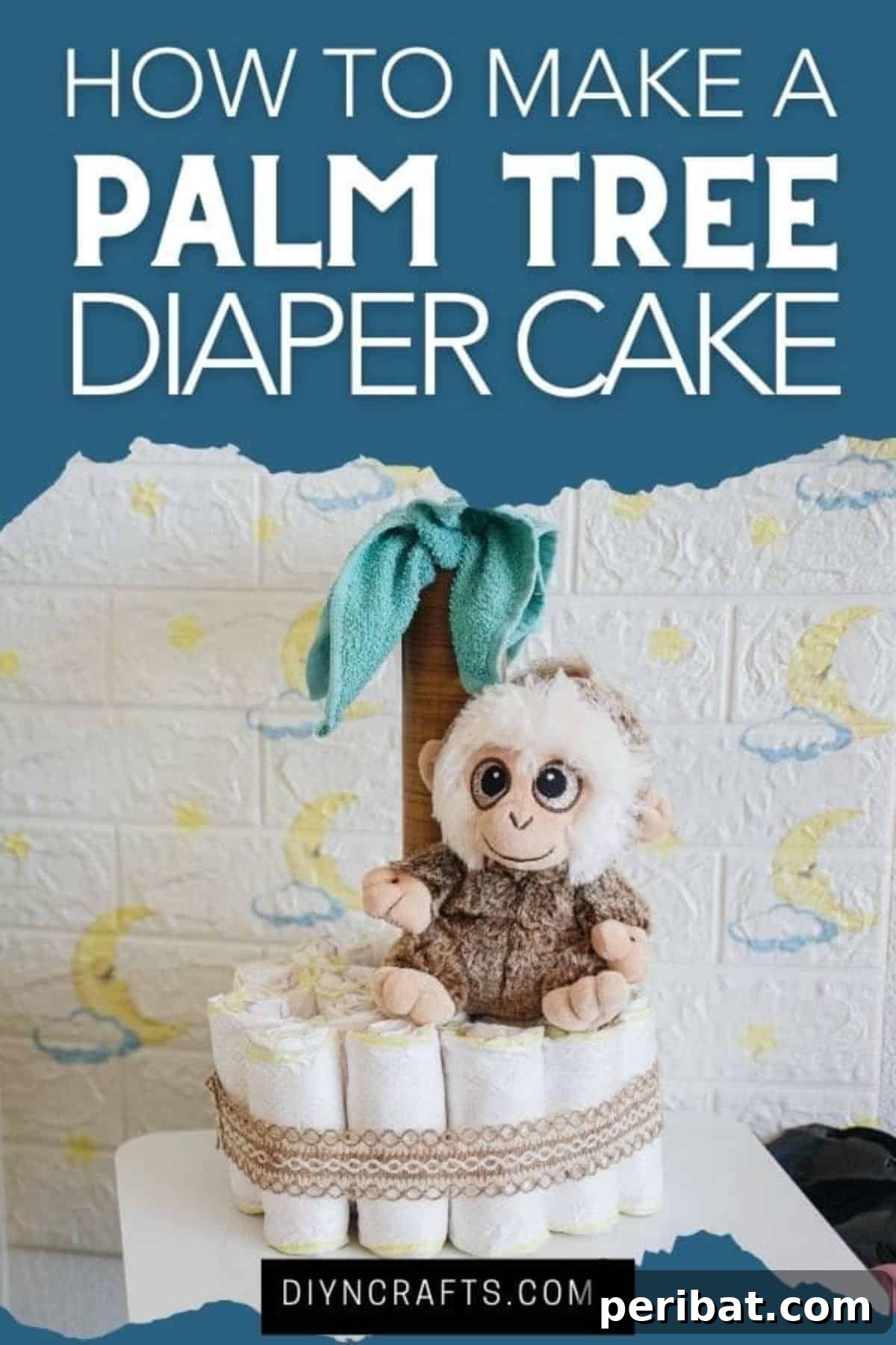 Sweet Safari Palm Diaper Cake 2 Diaper cake by white brick wall