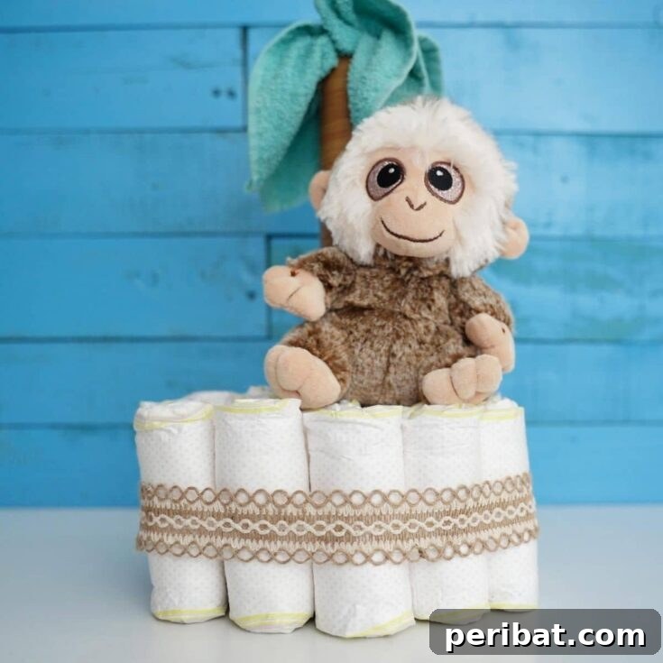 Palm tree diaper cake by blue wall