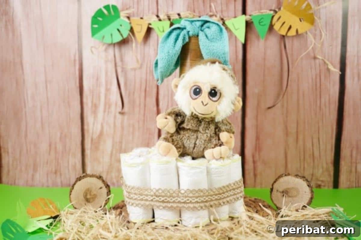 Sweet Safari Palm Diaper Cake 3 Diaper cake in front of wood wall