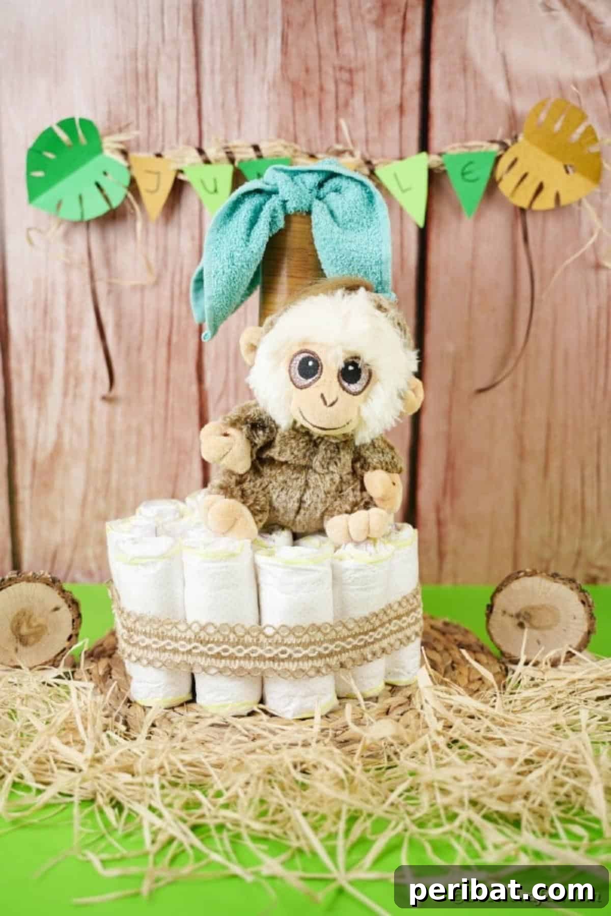 Sweet Safari Palm Diaper Cake 22 Diaper cake in front of wood wall