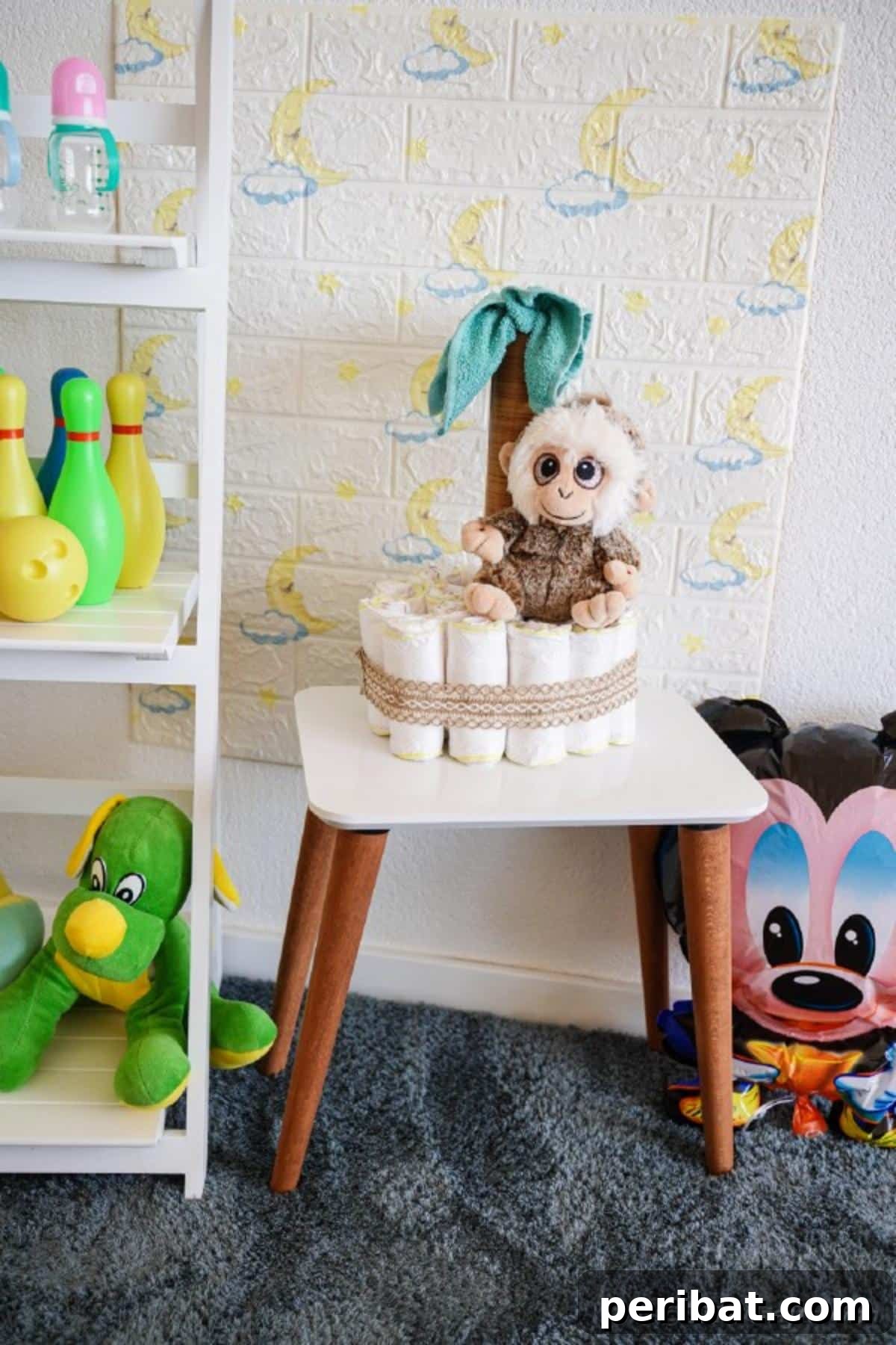 Sweet Safari Palm Diaper Cake 24 Diaper cake on white table