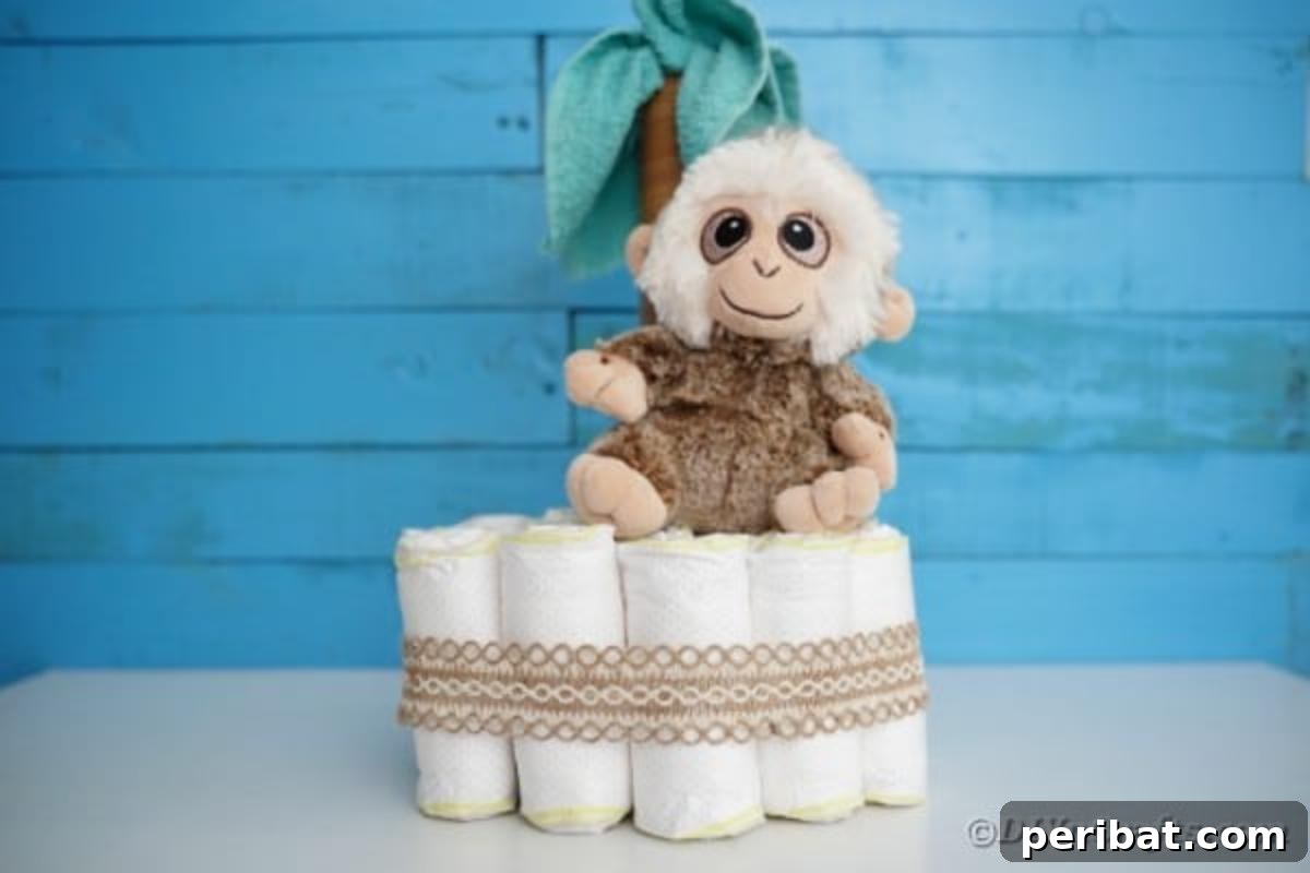 Sweet Safari Palm Diaper Cake 4 Palm tree diaper cake by blue wall