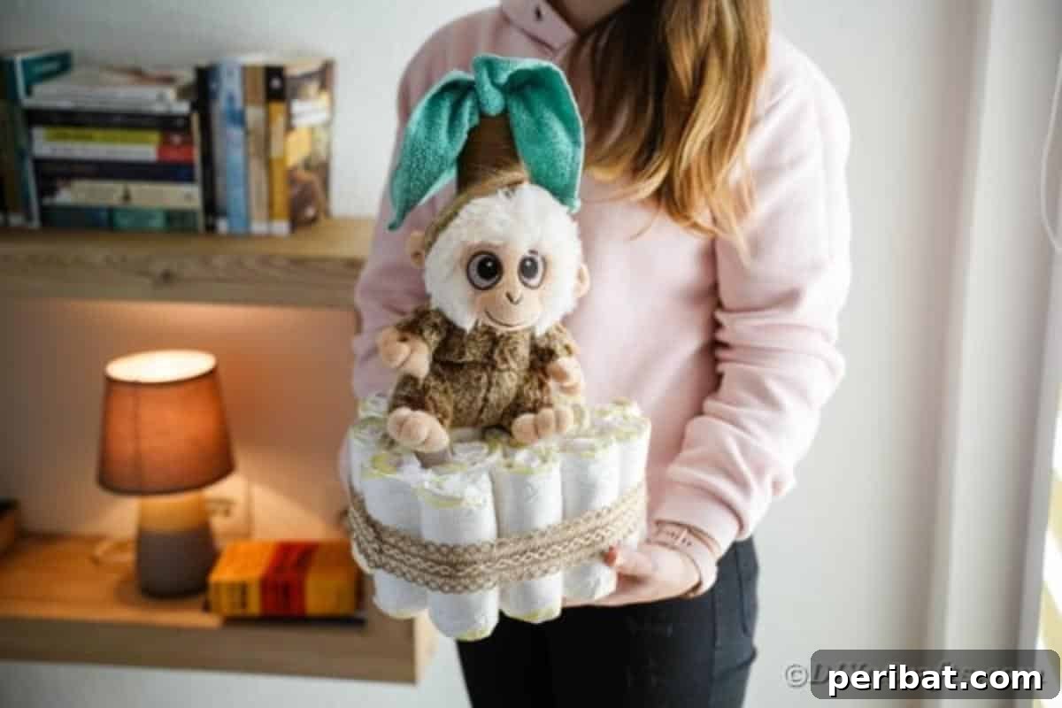 Sweet Safari Palm Diaper Cake 6 Woman holding diaper cake