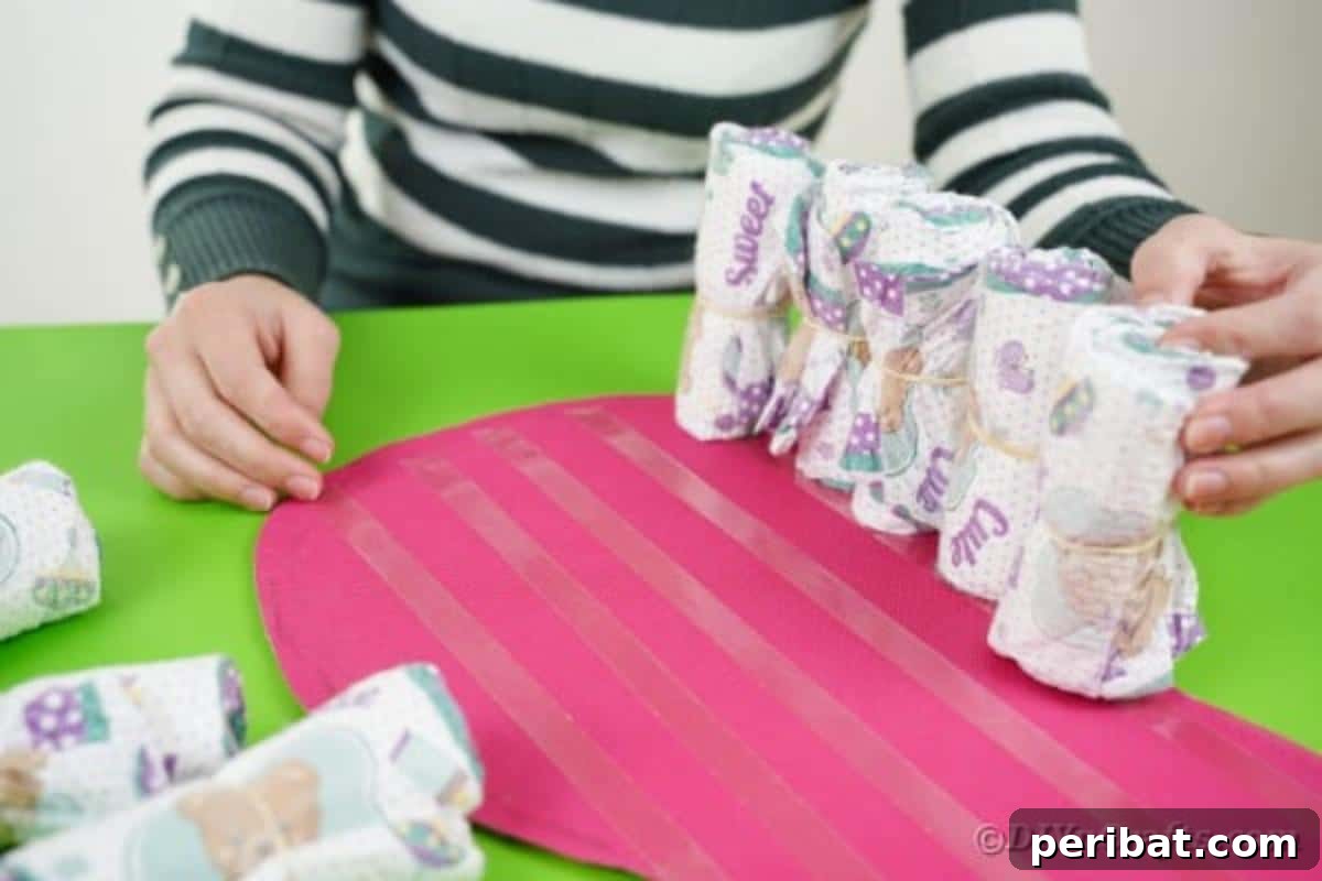 Rolled diapers being methodically placed onto the taped guitar body, building up the guitar's shape