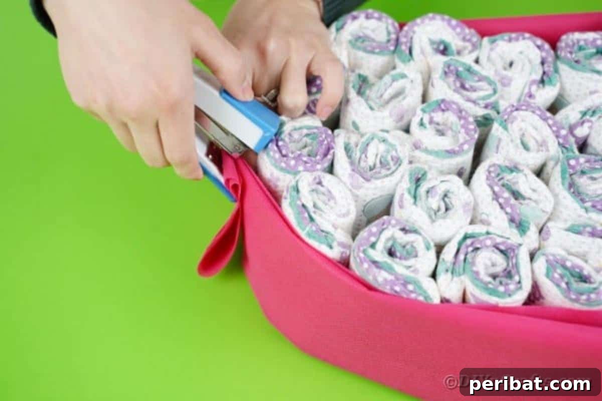 A strip of tissue paper being stapled around the perimeter of the diaper-covered guitar body to hold them securely