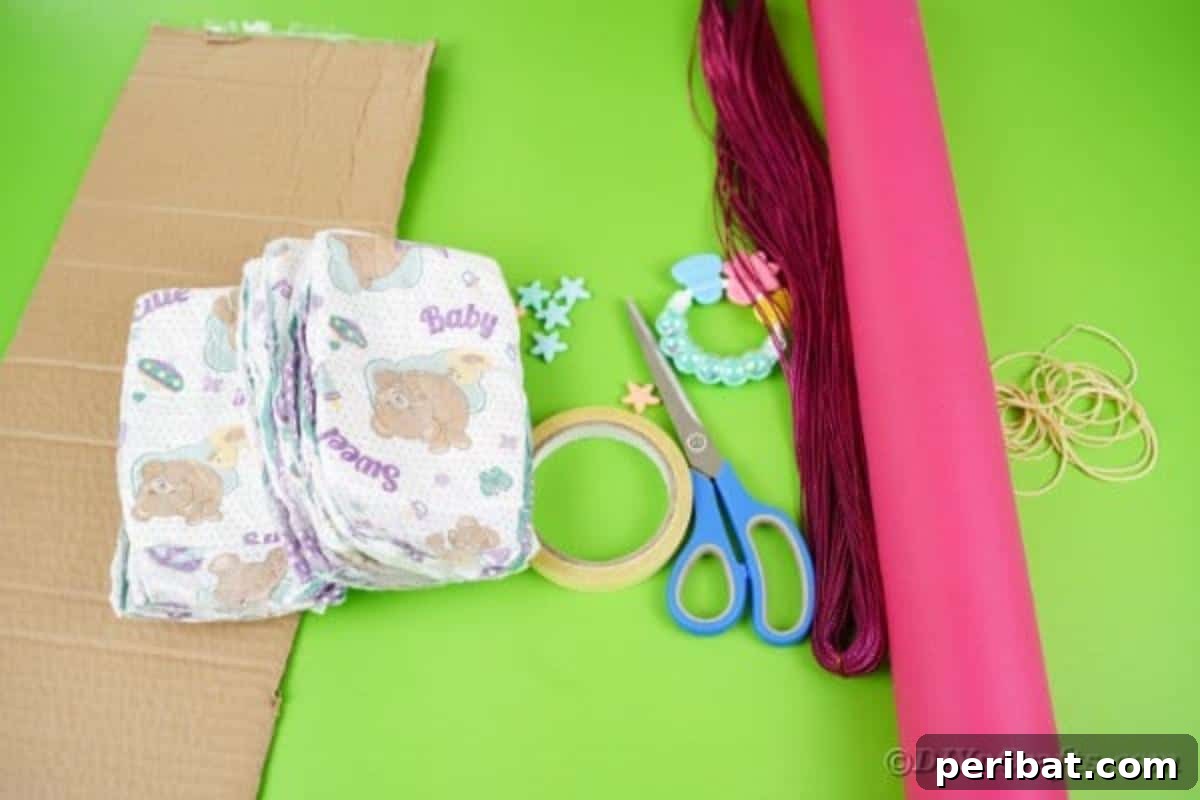 A collection of supplies neatly arranged on a table, ready for crafting the guitar diaper cake
