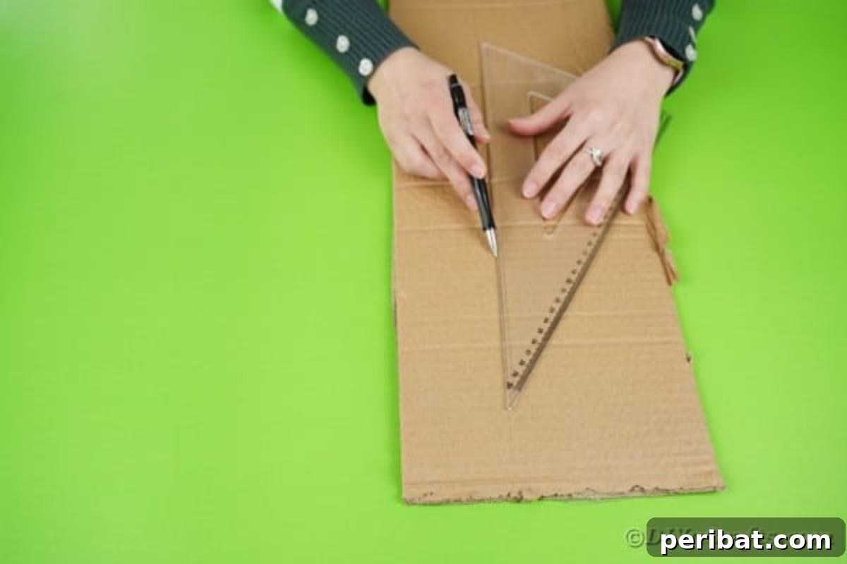 A pair of scissors cutting a long strip of cardboard, demonstrating the first step in creating the guitar neck