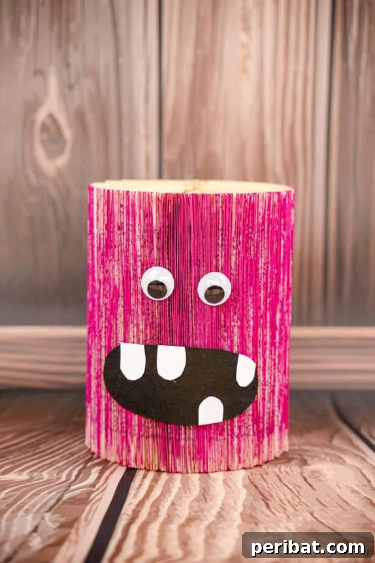 Pink monster book on brown counter