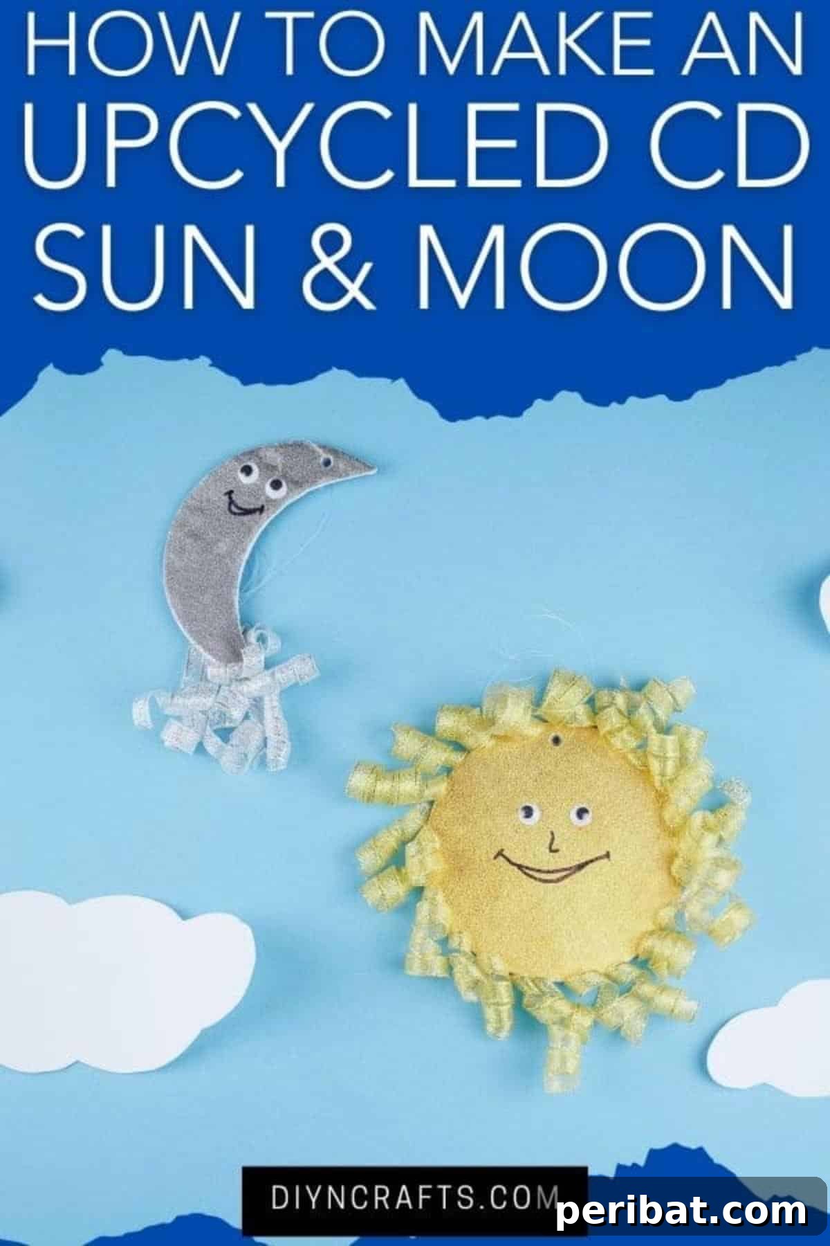 Sparkling CD Moon & Sun Nursery Mobile 2 Sun and moon decoration on blue wall with clouds